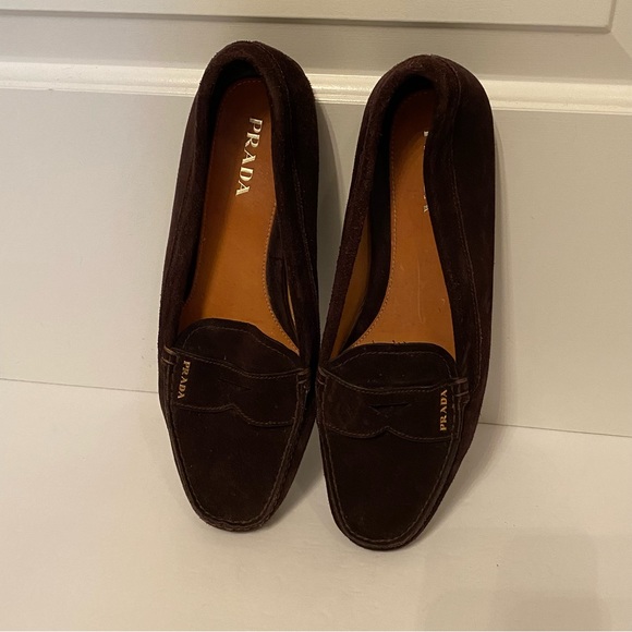 PRADA SHOES LOAFERS FLATS BROWN SUEDE LEATHER RUBBER SOLE ITALY SIZE 41 10.5 - Picture 3 of 13